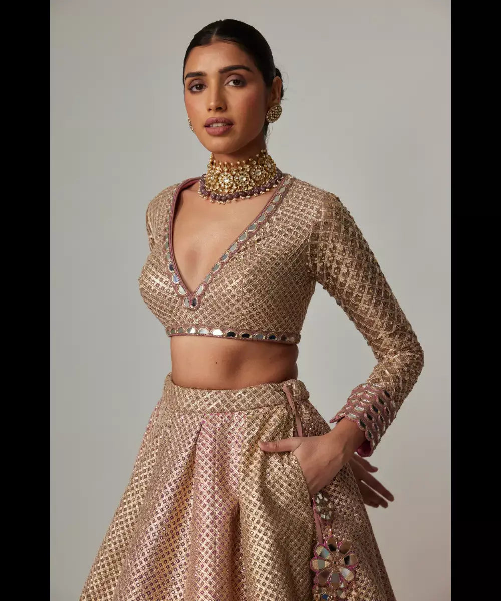VVANI VATS - Deep beige multicolor V Neck Crop Top with Skirt